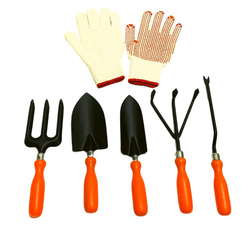 A set of 5 gardening tools with plastic handles and a pair of gardening gloves, primarily in black and orange colors.