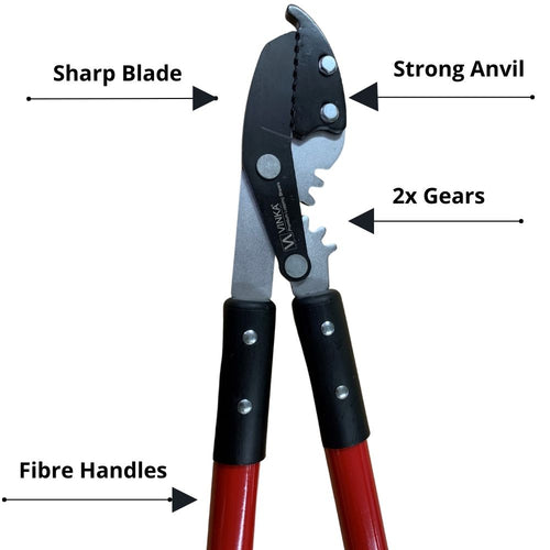 A Vinka pruner loppers with a sharp steel blade, strong anvil, and fibre glass lightweight handles.