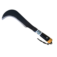 Load image into Gallery viewer, A black bill hook with a steel blade and a handle.
