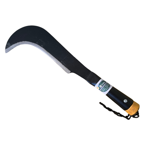 A black bill hook with a steel blade and a handle.