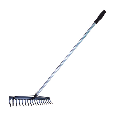 A metal bow rake with 18 teeth and a 48-inch fixed strong metal handle with a black rubber grip.