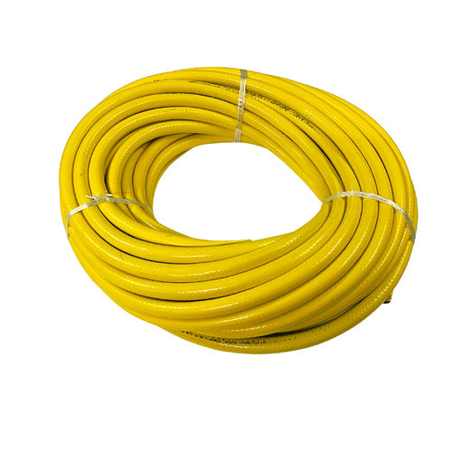 A coil of yellow braided garden hose pipe.