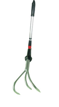 A 3-prong cultivator with a telescopic aluminium handle, featuring black and silver colors.