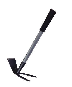 A garden hoe with a 14 inch metal handle and black rubber grip, featuring a two-pronged metal fork.
