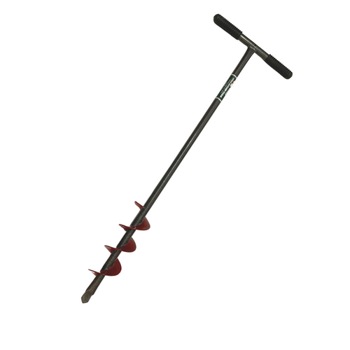 Manual earth auger with a 3-inch diameter blade and a 4 feet metal handle with plastic rubber grips, predominantly black and red.