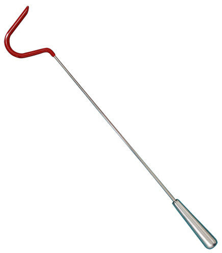 A snake catching hook with a stainless steel rod and a red rubber-coated end, alongside a rescue bag with a steel handle.