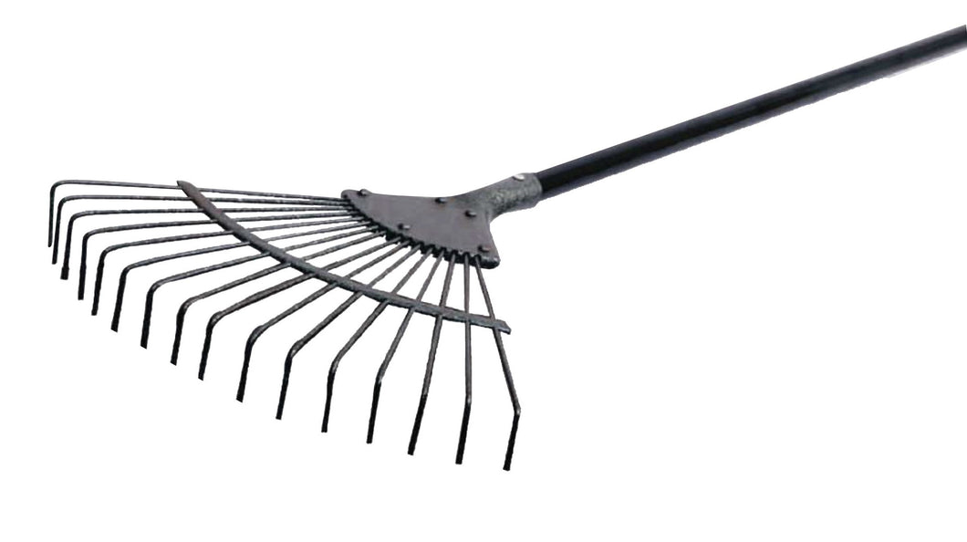 A 16 tine steel leaf rake with a black handle and metal powder coated finish.