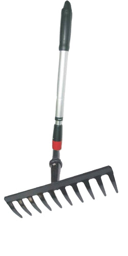 A garden rake with black teeth and an adjustable aluminum handle.