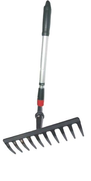 A garden rake with black teeth and an adjustable aluminum handle.