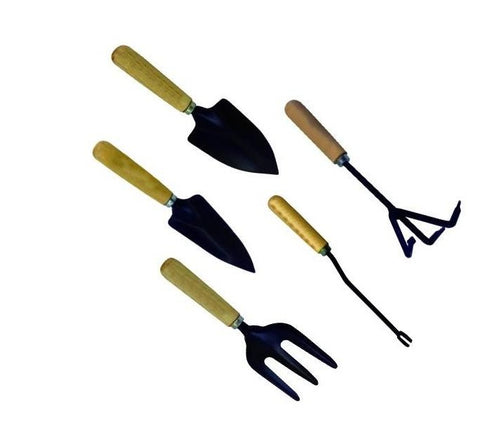 A set of garden tools including a trowel, transplanter, cultivator, weeder, and fork with wooden handles and metal heads.