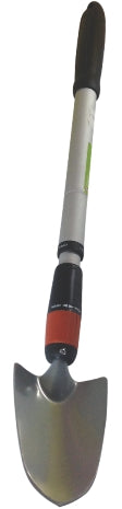 A garden trowel with a silver painted metal head and a black and silver telescopic aluminium handle.