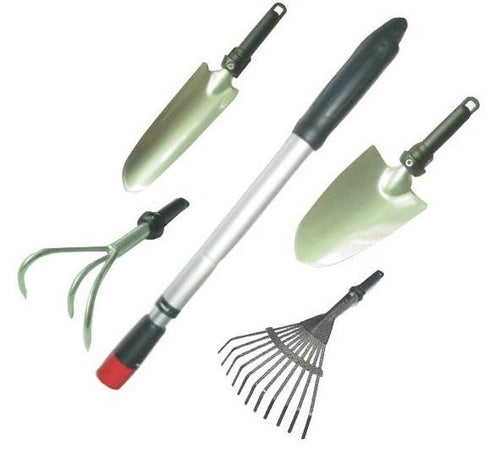 A set of four garden tools with a silver interchangeable telescopic handle, including a cultivator, transplanter, trowel, and leaf rake, displayed against a white background.