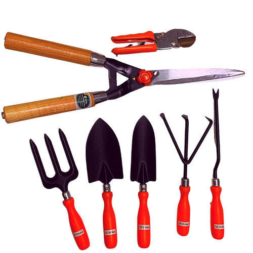 A set of gardening tools including a trowel, transplanter, cultivator, weeder, fork, anvil pruner, and hedge shear with carbon steel blades and red PVC handles.