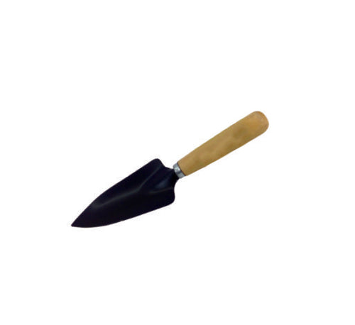 A hand transplanter with a wooden grip and a black digging edge, isolated on a white background.
