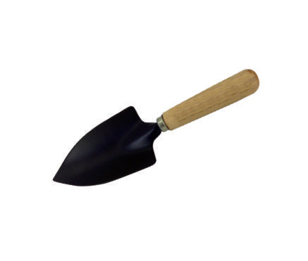 A hand trowel with a wooden grip and a black blade.