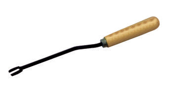 A hand weeder with a wooden grip and forked head, primarily used for removing weeds from flower beds, potted plants, and lawns.