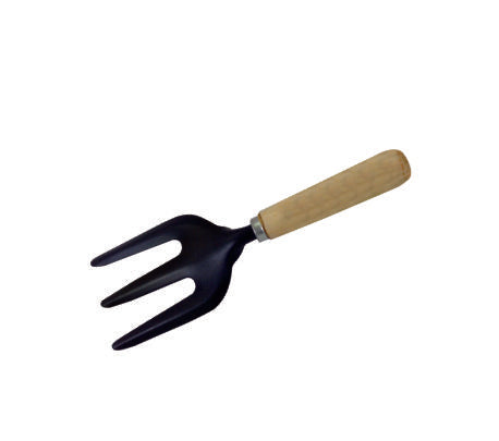 A hand fork with a wooden grip and black metal prongs.