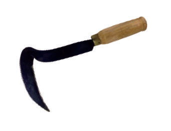 A handheld sickle with a wooden grip and a black-painted blade, used for weeding and soil scraping.