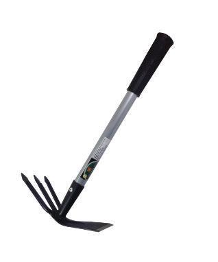 A garden hoe fork with a three-pronged blade attached to a strong metal handle with an easy-grip plastic handle.