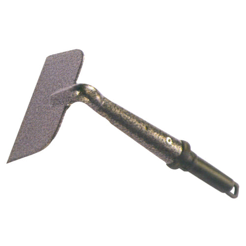 A silver-colored swan neck hoe with a black handle