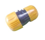 A yellow and black sprinkler hose mendor with a quick connect feature.