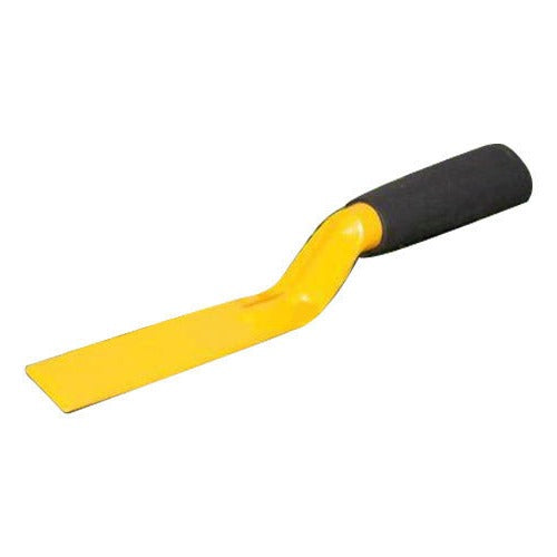 A yellow and black khurpa garden tool with a sharpened edge and a comfortable rubber grip handle.