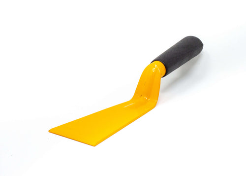 A yellow khurpa with a black rubber grip, used for gardening purposes.