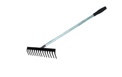 A metal curved rake with 16 teeth and a strong tubular metal powder coated handle.