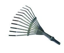 Load image into Gallery viewer, A black 11-tooth leaf rake with a metal handle.
