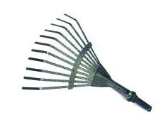 A black 11-tooth leaf rake with a metal handle.
