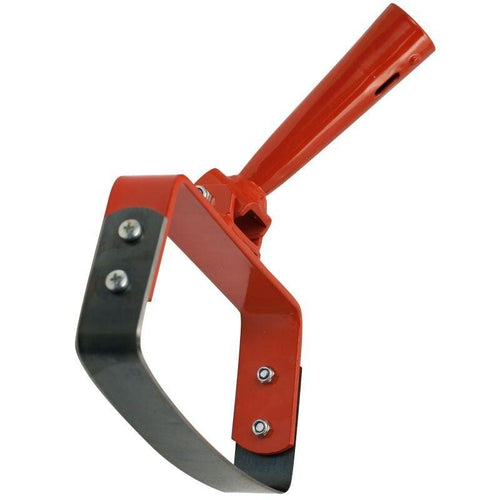 A red and black oscillating hoe with a 6-inch blade and a long metal handle.