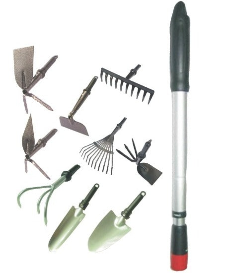 A set of gardening tools including a shovel, rake, and various other hand tools with a single extendable handle.