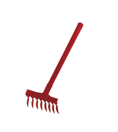 A red metal garden rake with twisted teeth and a short iron handle.