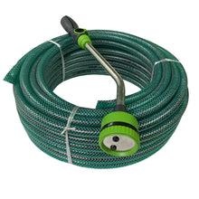 Load image into Gallery viewer, A green braided garden hose with a stainless steel shower head and a black handle, coated with TPR material, designed for water sprinkling.
