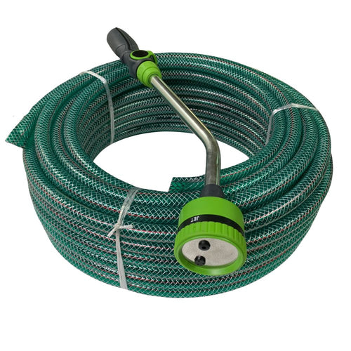 A green braided garden hose with a stainless steel shower head and a black handle, coated with TPR material, designed for water sprinkling.