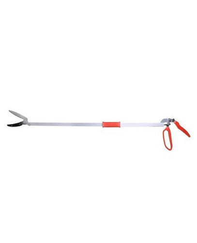 A 6-foot fixed length snake catcher tool with ribbed plastic jaws and tubular aluminium body, featuring red and silver colors with a plastic grip.