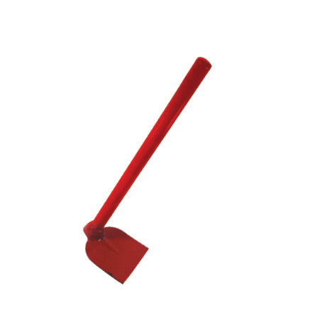 A small red spade with a short metal tube handle suitable for gardening.