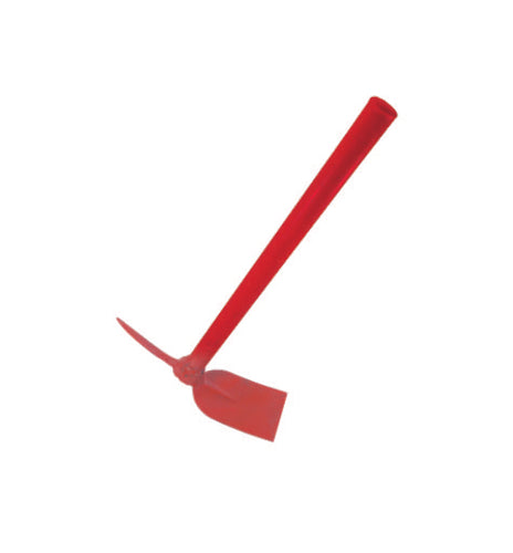 A red spade pickaxe with a short metal tube handle.