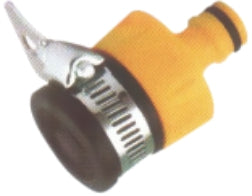 A Sprinkler T connector with a silver-colored thread and a yellow body.