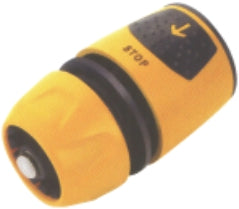 A yellow sprinkler hose connector with a black click-stop button labeled 'STOP'.