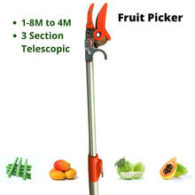 Load image into Gallery viewer, A orange and silver telescopic fruit picker with a lever grip and an extendable aluminum handle, pictured alongside assorted fruits such as mangoes, oranges, and pineapples.
