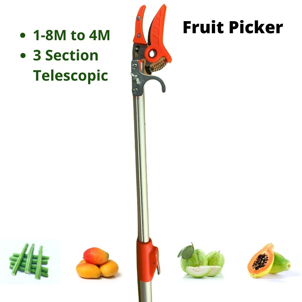 A orange and silver telescopic fruit picker with a lever grip and an extendable aluminum handle, pictured alongside assorted fruits such as mangoes, oranges, and pineapples.