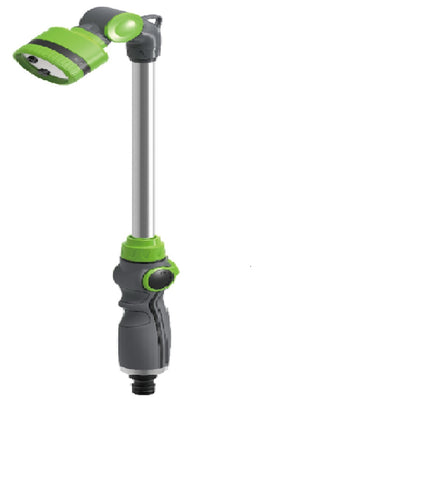 An adjustable angle sprinkler watering wand with a green and grey shower head and a silver grey stem, fitted with a black handle with a thumb switch.