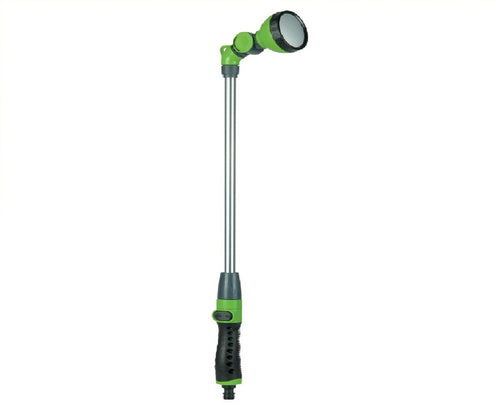 A sprinkler watering wand with a green and black color scheme, featuring an adjustable shower head and a long metal body.