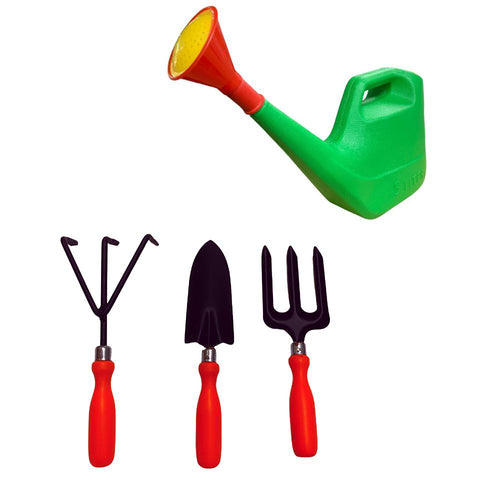 A set of garden tools including a green watering can with a red spout, and three red-handled tools consisting of a cultivator transplanter, a fork, and a trowel.