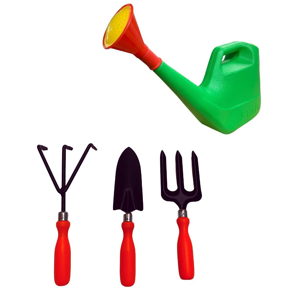 A set of garden tools including a green watering can with a red spout, and three red-handled tools consisting of a cultivator transplanter, a fork, and a trowel.