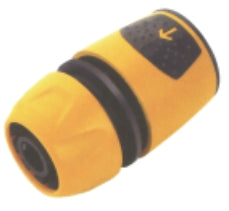 A yellow sprinkler hose connector with a black click system.