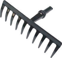 A black steel rake with 10 teeth.